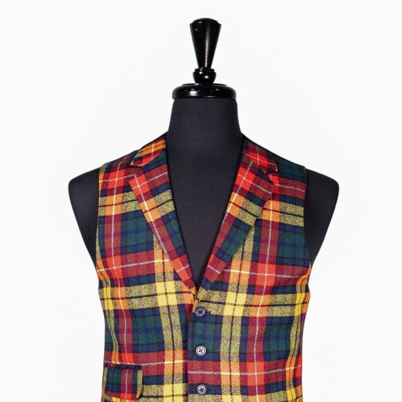 Mens Waistcoat Suit Lapel Vest 40R Multicolor Tartan Plaid Wool Formal Wedding - Picture 3 of 8